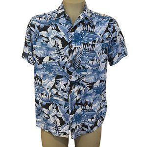 Panama Jack Shirt Mens Medium Blue Hawaiian Button Front Vacation Car Floral